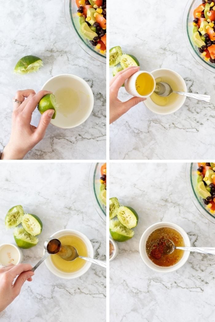 collage showing the lime juice, oil, maple syrup, and spices being mixed together